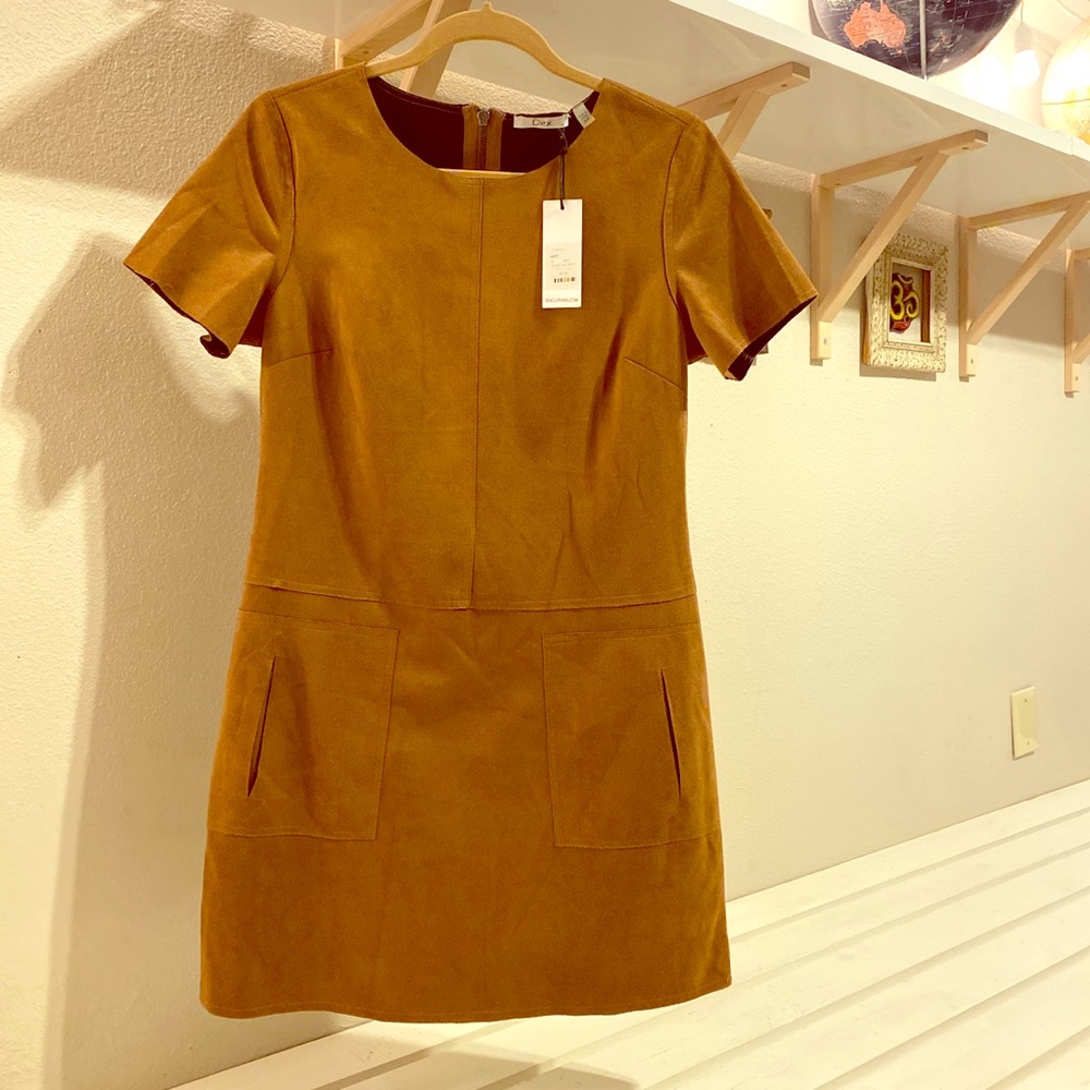 Vegan suede short sleeve shift dress with pockets